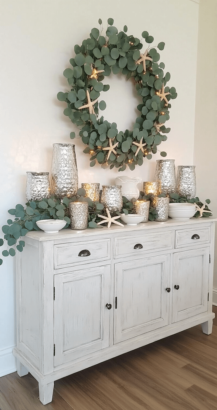 A Dreamy Coastal Christmas Living Room: Transform Your Space with Seaside Serenity A beautifully styled coastal dining room sideboard featuring a whitewashed cabinet adorned with an asymmetrical garland of eucalyptus, starfish, and twinkle lights, complemented by varying height mercury glass hurricanes with LED candles and white ceramic servingware, captured during golden hour.