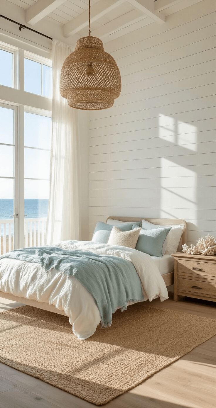 Creating Your Dreamy Coastal Bedroom: A Comprehensive Guide to Seaside Serenity A serene coastal bedroom featuring whitewashed shiplap walls and natural oak flooring, showcasing a king-sized bed with layered ivory and seafoam blue linen bedding, an oversized rattan pendant light, a weathered driftwood dresser with coral and sea glass, and gently billowing sheer white curtains, all captured at golden hour with soft, ethereal lighting and dreamy depth of field.