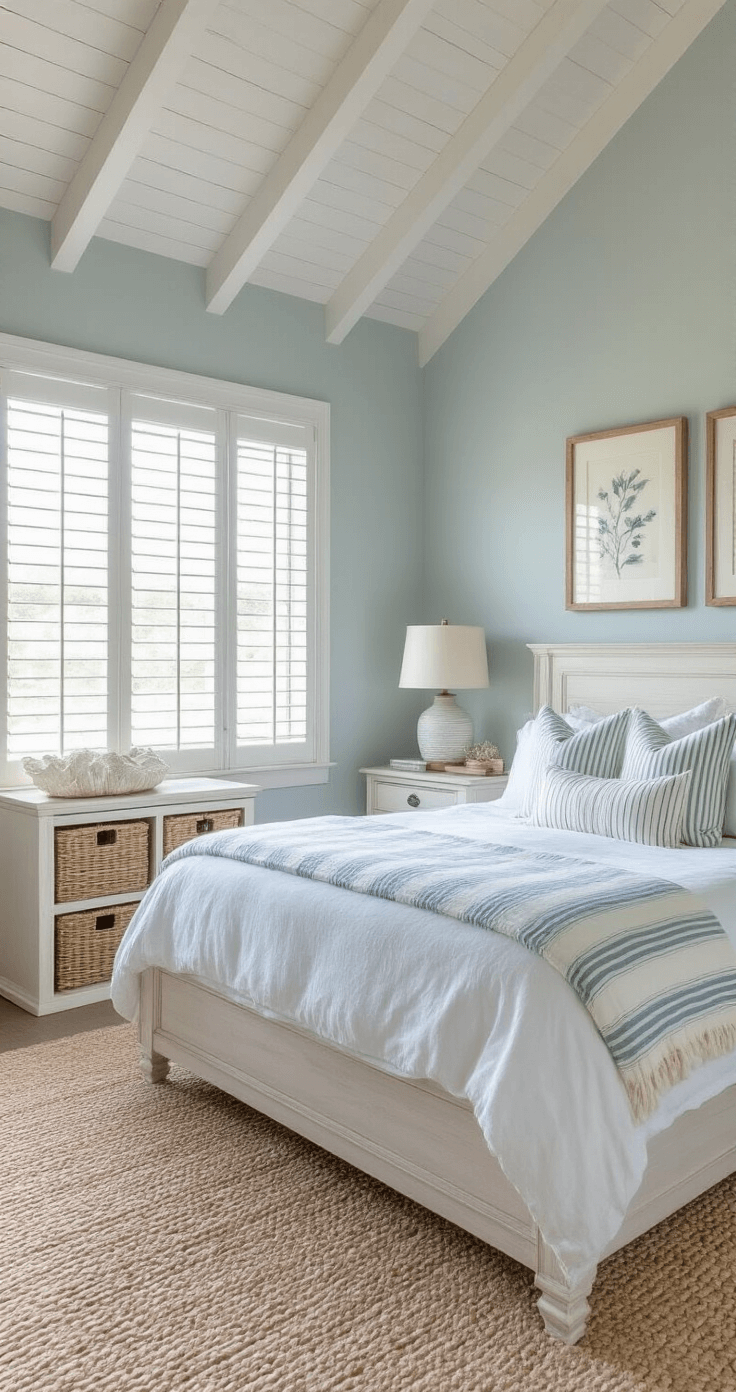 Creating Your Dreamy Coastal Bedroom: A Comprehensive Guide to Seaside Serenity A serene coastal bedroom at dawn, showcasing pale blue-grey walls, a vaulted ceiling, and a queen bed with a white linen duvet and striped throws. Distressed white bedside tables hold capiz shell lamps, while woven seagrass baskets are tucked beneath windows. Botanical prints in weathered frames adorn the walls, and warm morning light filters through plantation shutters, creating a calming atmosphere.