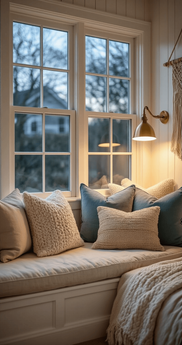 Creating Your Dreamy Coastal Bedroom: A Comprehensive Guide to Seaside Serenity Close-up of a coastal bedroom reading nook at twilight, featuring a bay window alcove with a natural linen-upholstered built-in window seat. Layered cushions with various textures in shades of pearl, aqua, and sand, complemented by a brass reading lamp and macramé wall hanging. The warm glow of the lamp creates a moody ambiance with a shallow depth of field.