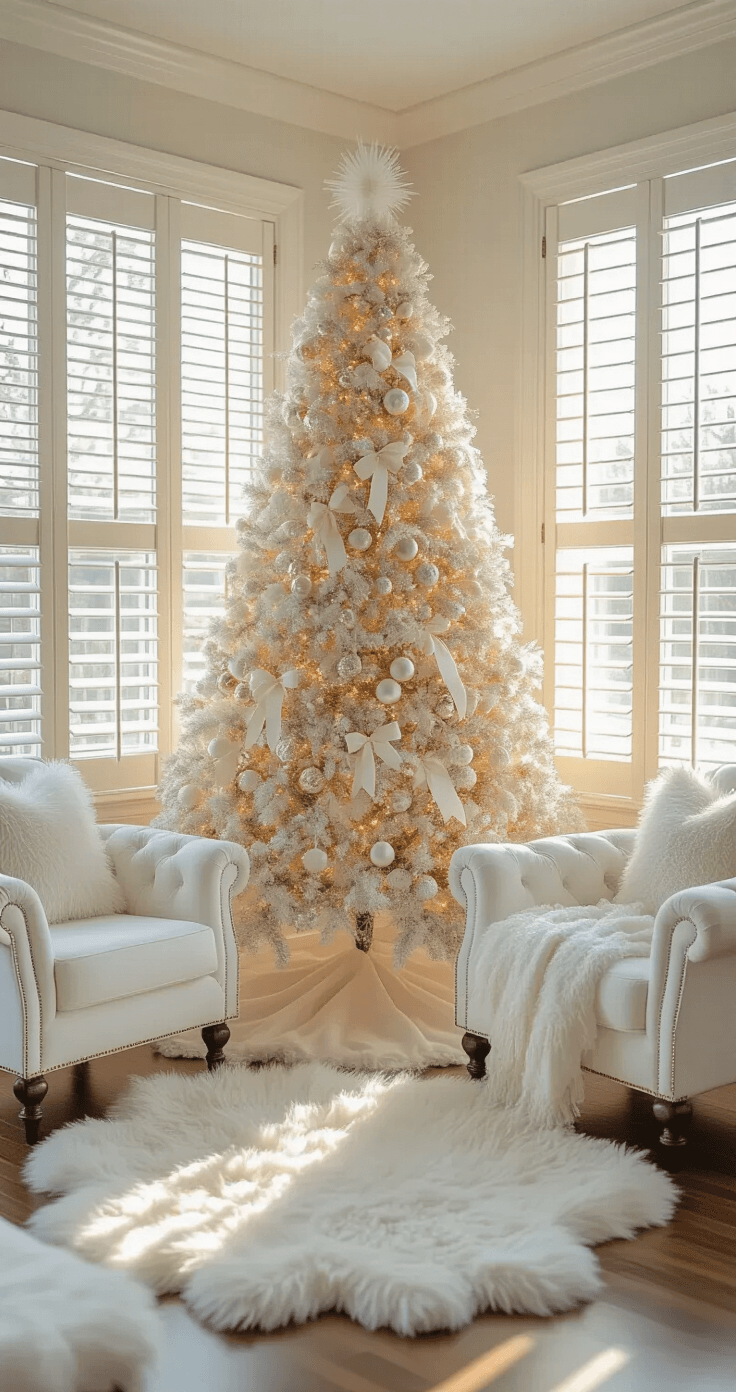 Styling a White Christmas Tree: Your Ultimate Elegant Holiday Guide A luxurious white-on-white sitting room featuring a lavishly decorated 8-foot flocked Christmas tree, with golden hour sunlight filtering through plantation shutters, illuminating white tufted chairs, sheepskin rugs, and elegant pearl garlands and satin ribbons adorning the tree.