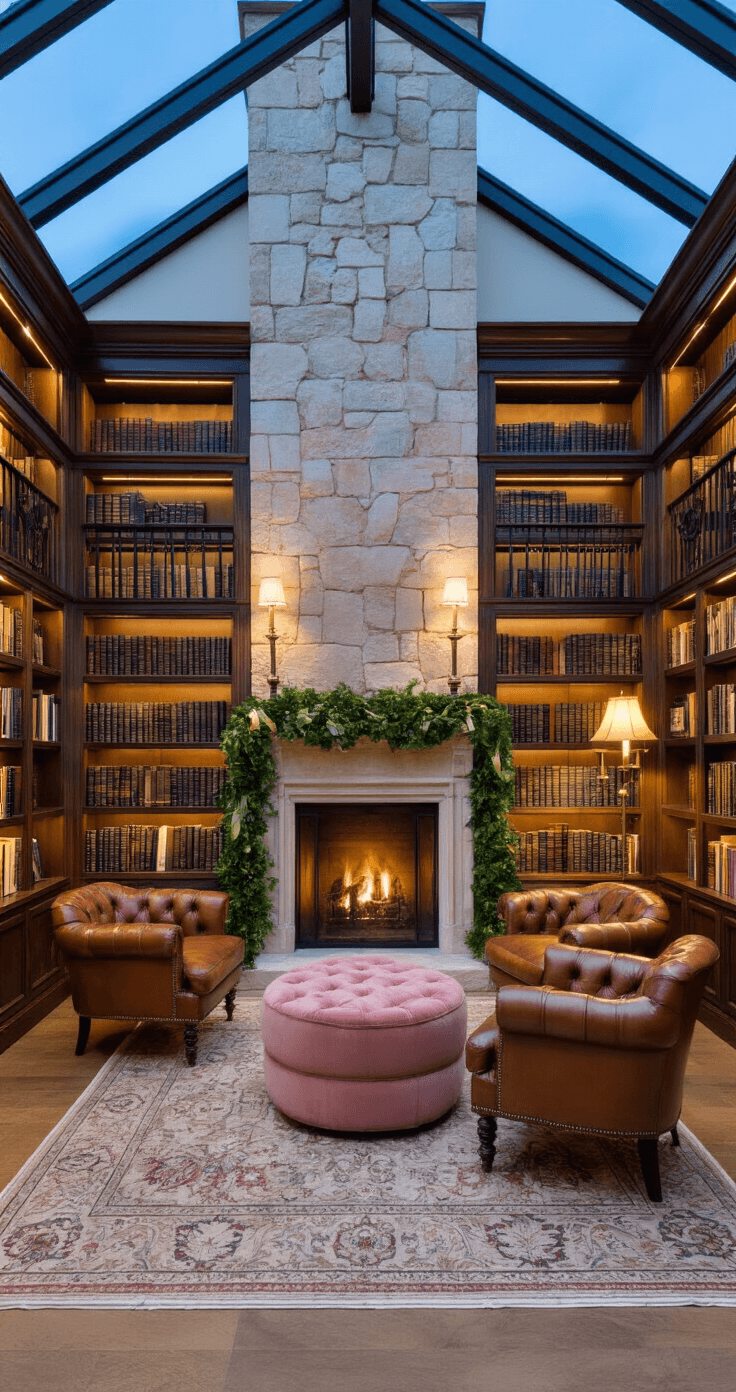 Christmas 2025 Decor: Old World Charm Meets Modern Elegance Cozy library den at twilight featuring floor-to-ceiling bookshelves, a limestone fireplace adorned with boxwood garland, tufted cognac leather chairs, a blush velvet ottoman, and a vintage brass floor lamp, all captured from the corner to showcase depth and warmth.