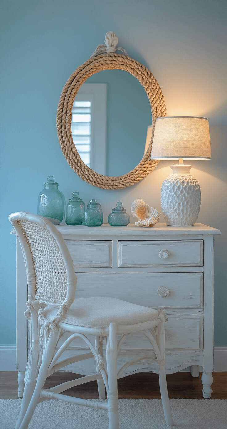 Creating Your Dreamy Coastal Bedroom: A Comprehensive Guide to Seaside Serenity A beach-themed bedroom vanity vignette featuring a vintage white dresser, oval rope-framed mirror, sea glass vessels, a coral-textured ceramic lamp, and a delicate linen chair with a rattan back, all captured in soft focus during blue hour with a dreamy atmosphere.
