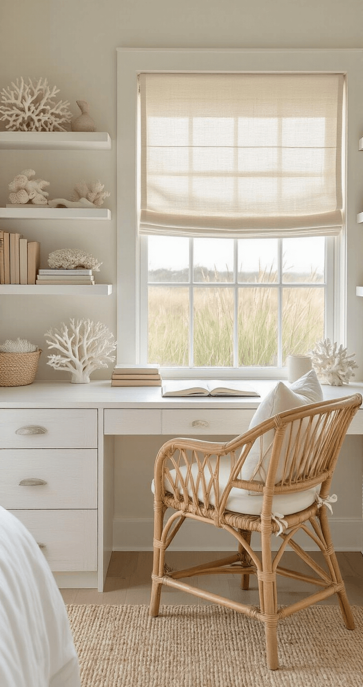 Creating Your Dreamy Coastal Bedroom: A Comprehensive Guide to Seaside Serenity Coastal bedroom workspace bathed in morning light, featuring a white-washed desk, rattan chair with cream cushion, and floating shelves adorned with white coral and weathered books, all on light oak floors with a natural fiber rug.