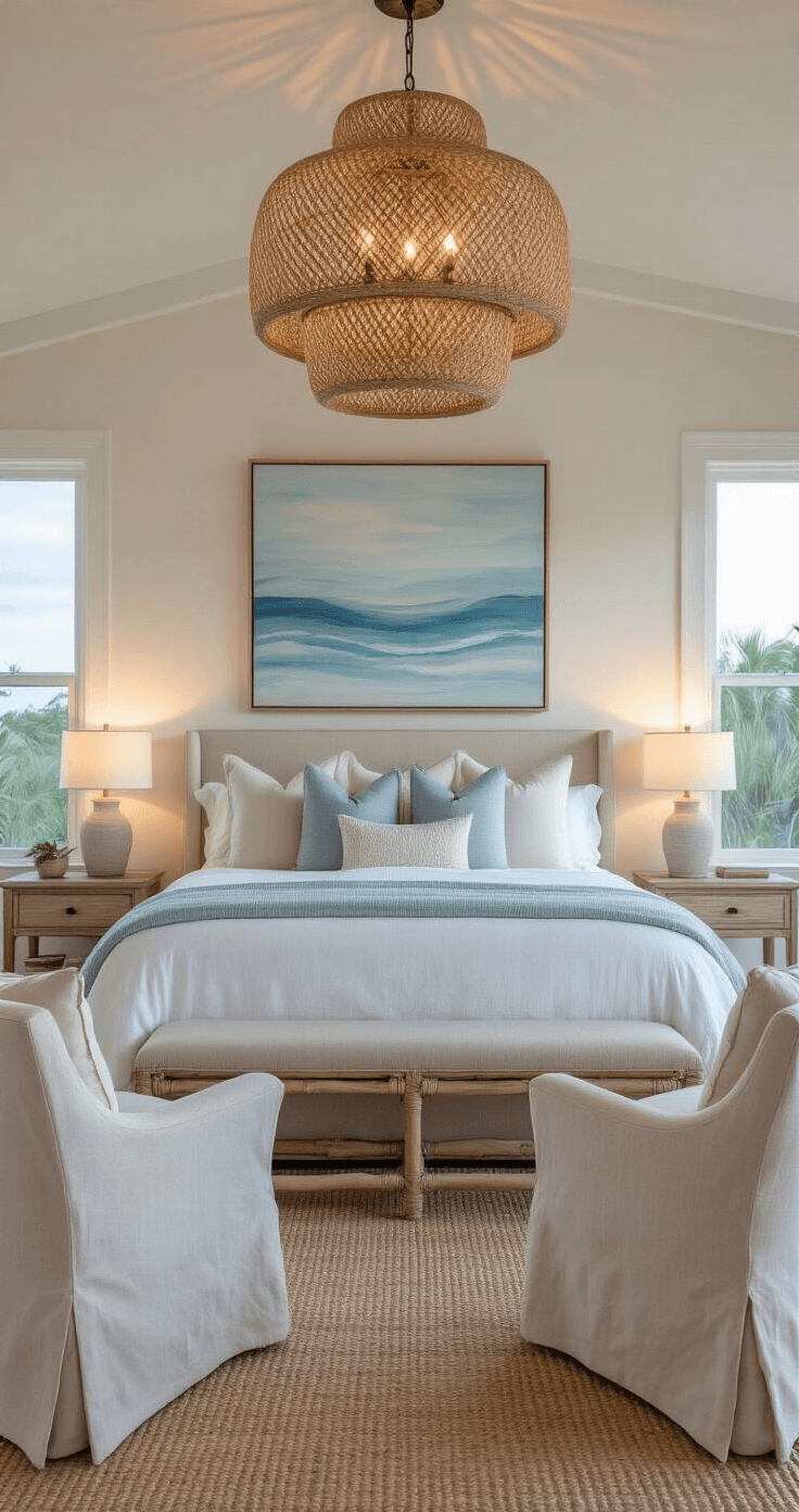 Creating Your Dreamy Coastal Bedroom: A Comprehensive Guide to Seaside Serenity A cozy coastal bedroom at dusk featuring an upholstered king bed with layered white and pale blue bedding, oversized seagrass chandelier, and slipcovered chairs, all set against a backdrop of abstract ocean art.