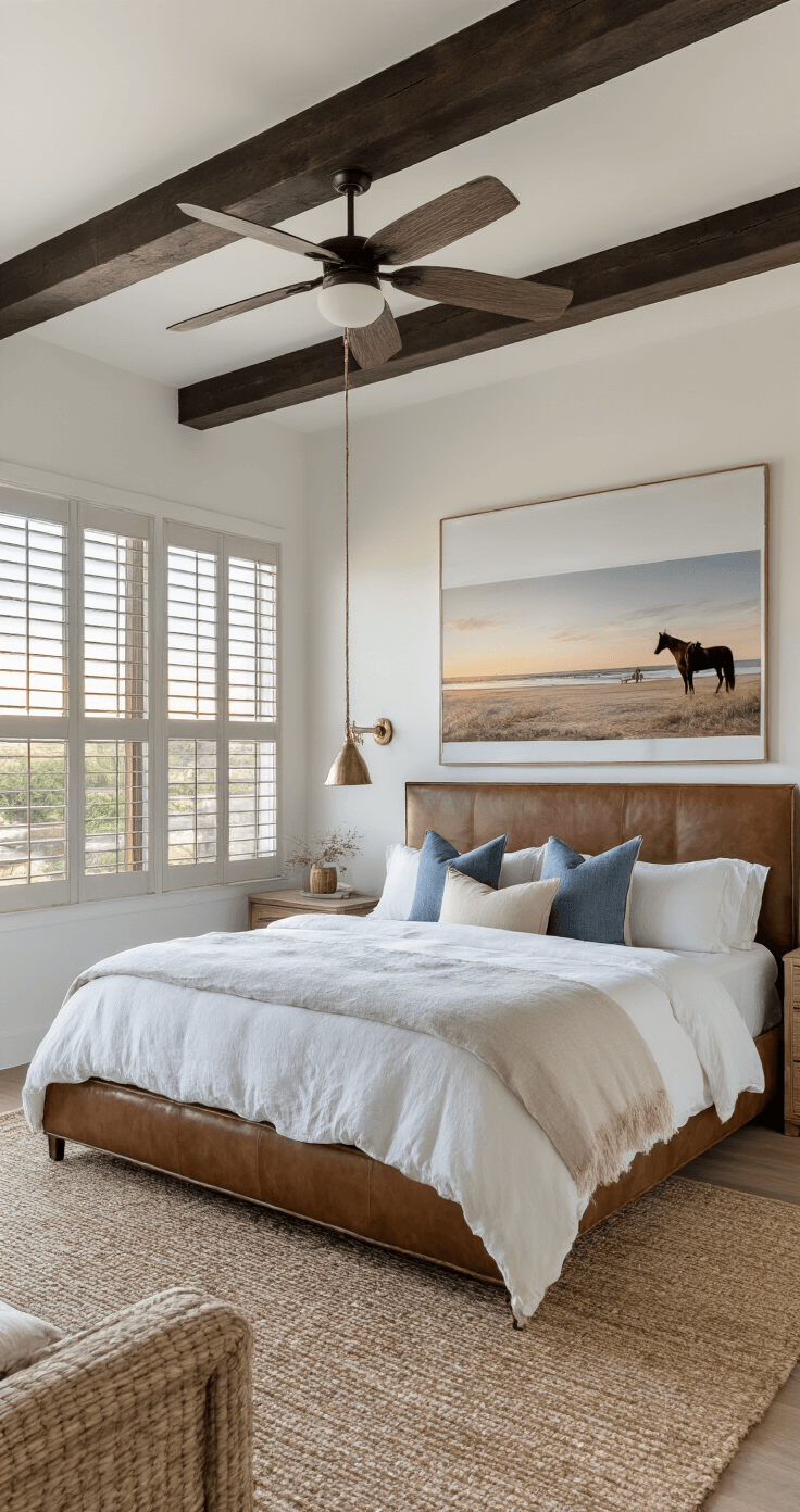 Coastal Cowgirl Bedroom: Create Your Dream Retreat with Western Coastal Charm A modern rustic primary bedroom at dusk featuring a dark wood beam ceiling, white walls, and a California king platform bed with a leather headboard. Layered textiles in white linen, sandy jute, and soft denim complement oversized abstract beach photography and vintage rodeo prints. A brass and rattan ceiling fan spins overhead while warm sunset light filters through plantation shutters, captured from a wide-angle perspective.