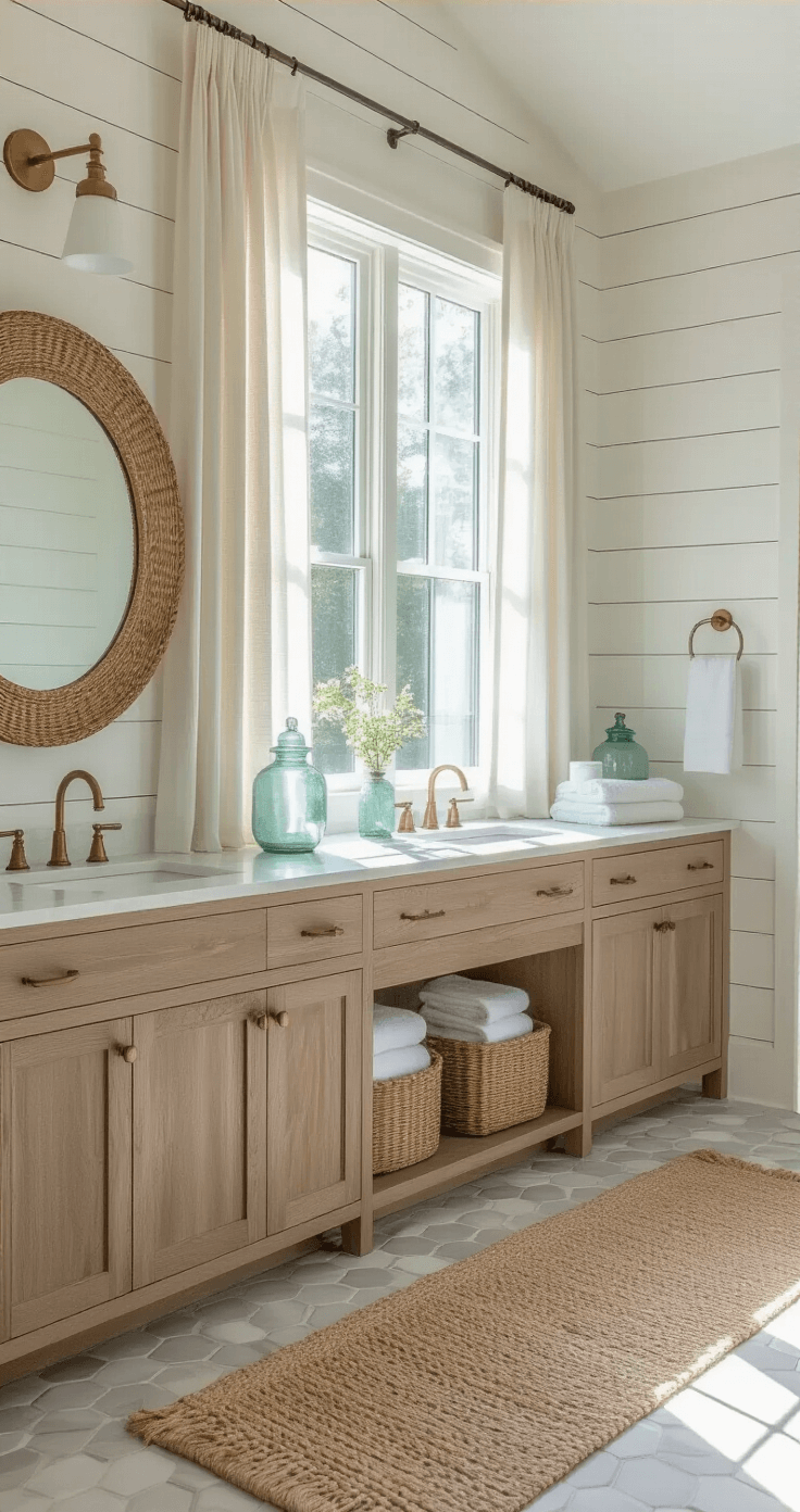 Coastal Cottage Bathroom: Your Ultimate Guide to Serene, Breezy Design Airy master bathroom with white shiplap walls, a weathered oak double vanity, and oversized rattan mirror, illuminated by morning sunlight through sheer curtains, featuring a seagrass rug over pale grey hexagon tiles.
