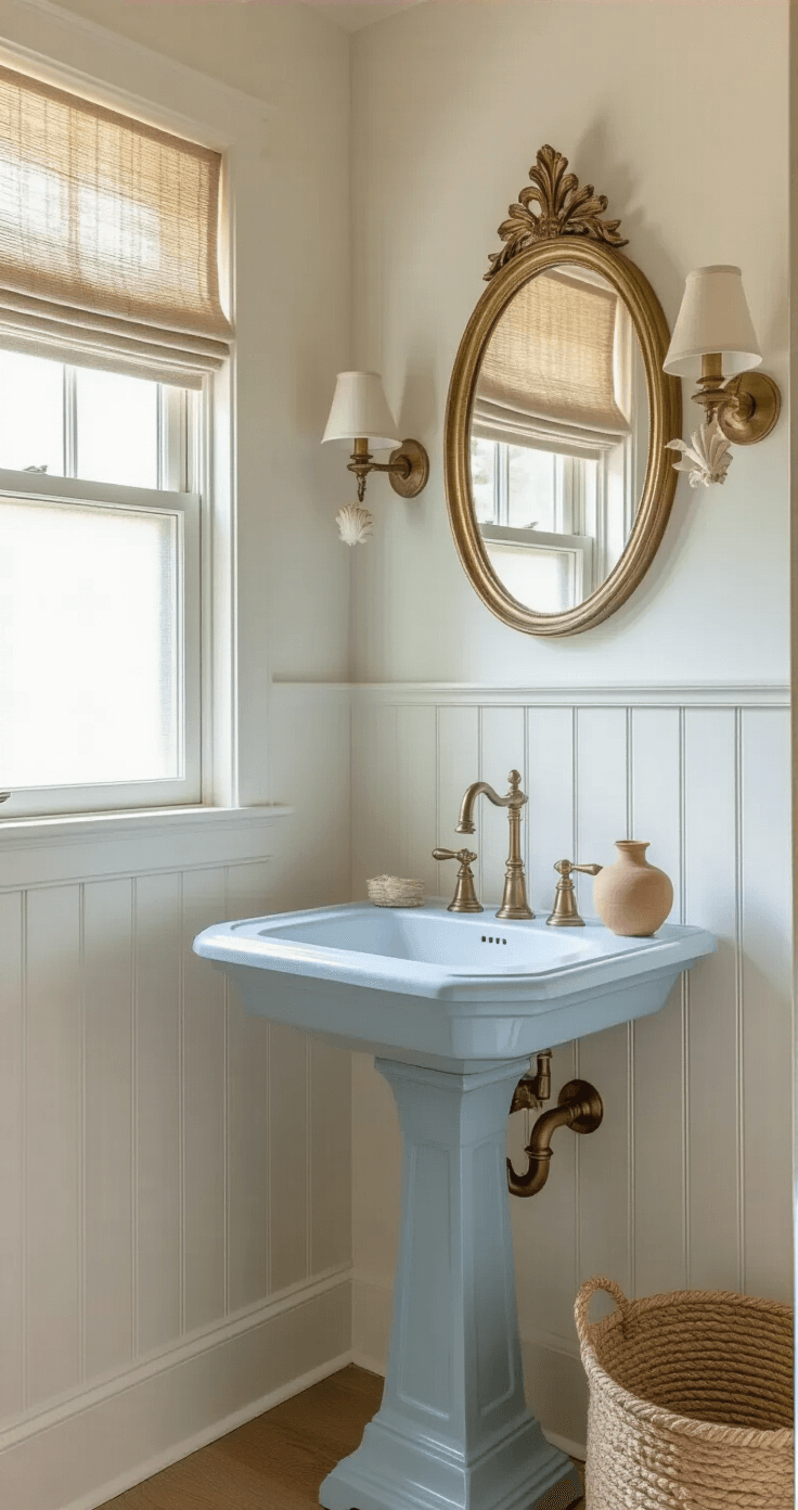 Coastal Cottage Bathroom: Your Ultimate Guide to Serene, Breezy Design Cozy powder room with white beadboard wainscoting and a vintage pedestal sink in soft blue, illuminated by golden afternoon light through a frosted window, featuring an antiqued brass mirror and shell artwork.