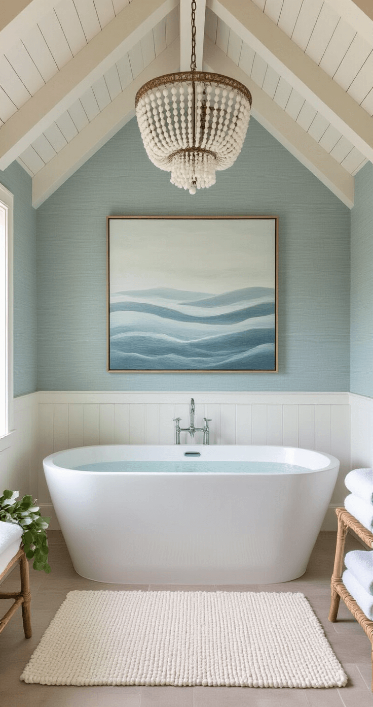 Coastal Cottage Bathroom: Your Ultimate Guide to Serene, Breezy Design A serene spa-like guest bathroom featuring a freestanding white soaking tub beneath a beaded chandelier, pale blue grasscloth wallpaper above white beadboard, and an oversized artwork of rolling waves. The room is styled with a chunky knit ivory bath mat, stacked fluffy towels on a bamboo ladder, and decor including a eucalyptus bundle and sea glass collection, all bathed in soft mid-morning light.
