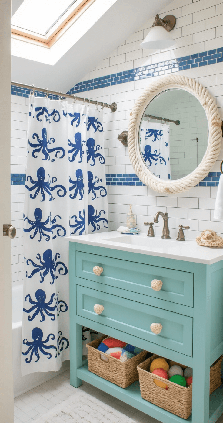 Coastal Cottage Bathroom: Your Ultimate Guide to Serene, Breezy Design Charming children's bathroom featuring playful coastal elements, with bright sunlight streaming through a skylight, white subway tile walls, and a blue glass mosaic accent stripe. A soft aqua painted wood vanity with rope drawer pulls complements a whimsical navy and white octopus shower curtain. Natural fiber baskets are filled with colorful towels and bath toys, while a shell-framed mirror adds a cheerful nautical touch. The low angle shot highlights the child-friendly design.