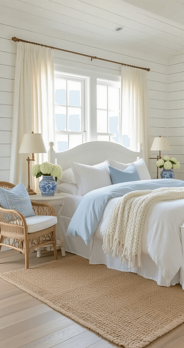 Coastal Granddaughter Bedroom: The Ultimate Styling Guide to Create Your Dream Retreat A serene coastal bedroom with shiplap walls, featuring a whitewashed wooden queen bed dressed in rumpled ivory and powder blue linen, vintage brass lamps, a rattan chair with a cream knit throw, and hydrangeas in chinoiserie vases, all illuminated by soft morning light.