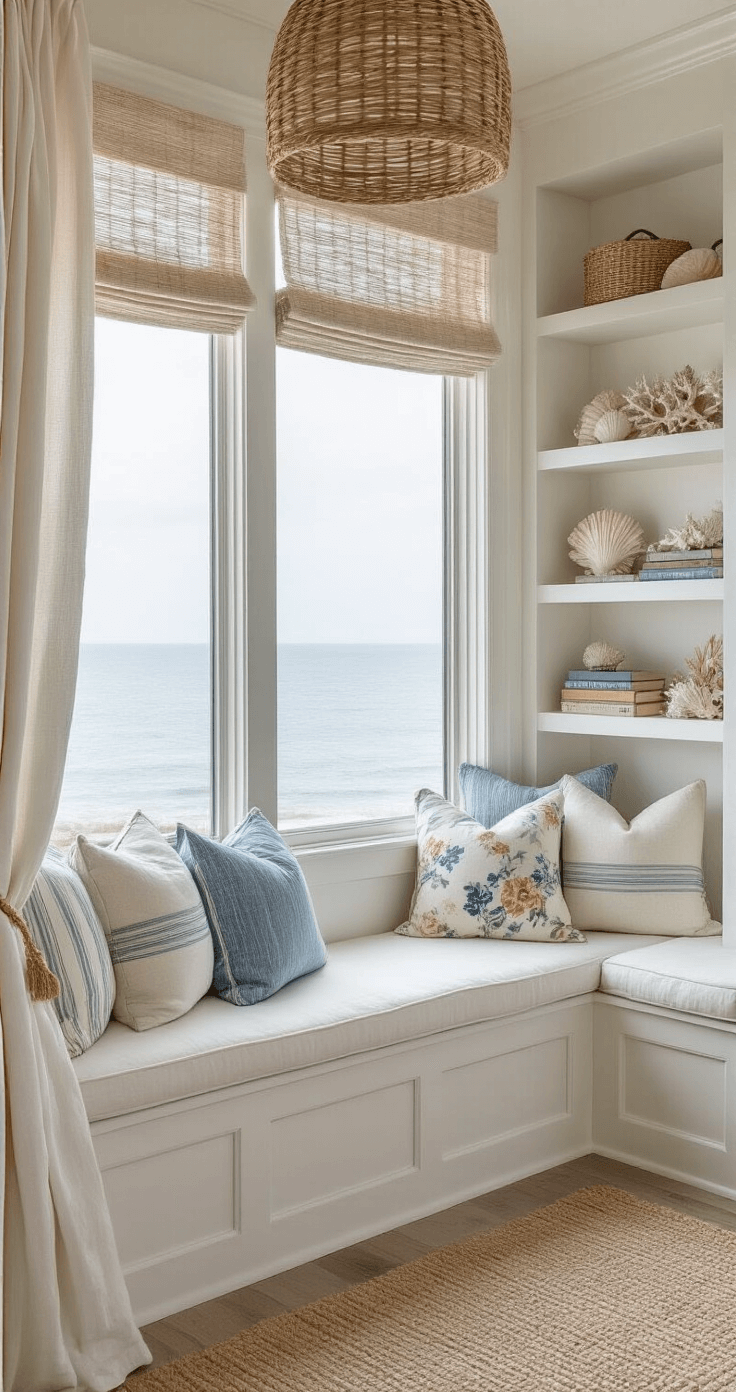 Coastal Granddaughter Bedroom: The Ultimate Styling Guide to Create Your Dream Retreat A cozy reading nook featuring a built-in window seat with white cushions and coastal-striped floral pillows, surrounded by floating shelves with shells, coral, and vintage books, illuminated by soft, diffused light from an overcast day. Belgian linen drapes frame a view of the ocean, complemented by a woven pendant light, creating a dreamy atmosphere.
