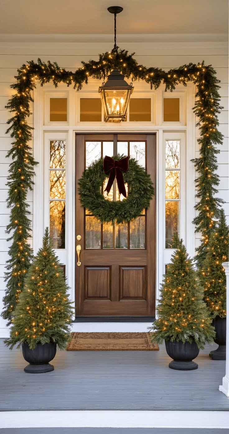 Magical Front Porch Christmas Decor: Transform Your Entryway into a Festive Wonderland A grand Southern-style front porch featuring dual French doors with an evergreen wreath, flanked by potted Norfolk pines draped in warm lights, decorated with natural garland and vintage copper lanterns, all bathed in the warm glow of a winter sunset.