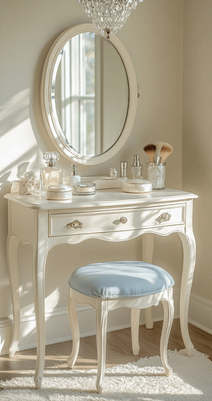 Coastal Granddaughter Bedroom: The Ultimate Styling Guide to Create Your Dream Retreat A vintage creamy white vanity with an oval mirror in a dressing area, illuminated by soft mid-morning light. The scene features delicate glass perfume bottles, a silver-backed brush set, and mother-of-pearl trinket boxes, with a powder blue lumbar pillow on a ghost chair. A capiz shell chandelier hangs above, capturing an elegant and feminine atmosphere.