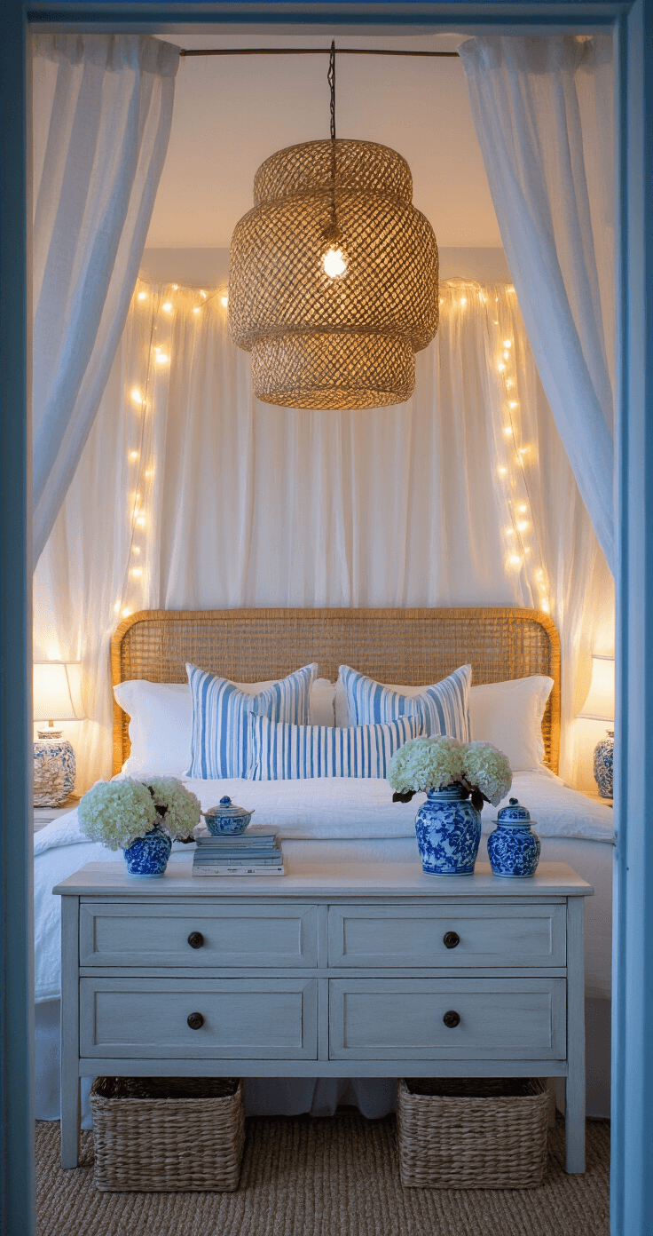 Coastal Granddaughter Bedroom: The Ultimate Styling Guide to Create Your Dream Retreat A cozy, twilight room viewed from the doorway, featuring a king bed with white and cream linens and blue striped pillows, illuminated by string lights behind sheer curtains. A rattan pendant light casts intricate shadows, while a vintage dresser adorned with blue and white ginger jars and fresh hydrangeas adds charm. Woven baskets enhance the texture, creating a dreamy and romantic ambiance.