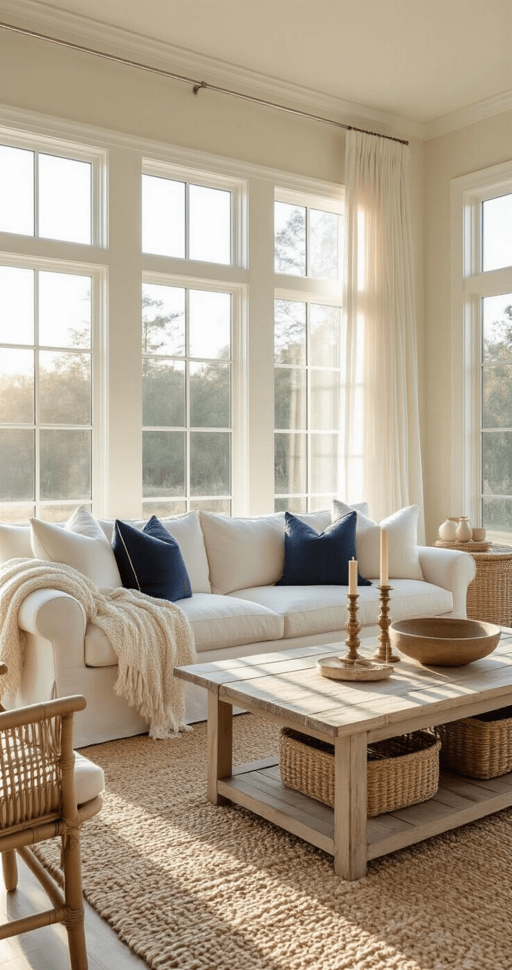Coastal Granddaughter Living Room: Your Ultimate Design Guide to Effortless Seaside Comfort A sunlit living room with high ceilings, featuring a plush off-white sofa with navy striped pillows and chunky knit throws, a weathered oak coffee table, and a rattan accent chair, all set against sheer white curtains and a natural jute rug, evoking a serene coastal atmosphere.