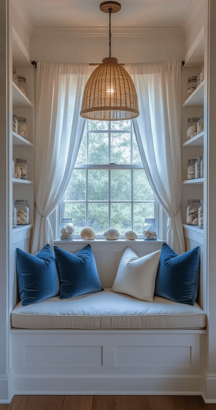 Coastal Granddaughter Living Room: Your Ultimate Design Guide to Effortless Seaside Comfort A cozy window nook at twilight featuring a cushioned window seat adorned with muted blue and cream pillows, surrounded by whitewashed wooden shelves displaying shells and sea glass in vintage jars, with sheer linen curtains and a rattan pendant lamp creating a dreamy ambiance.