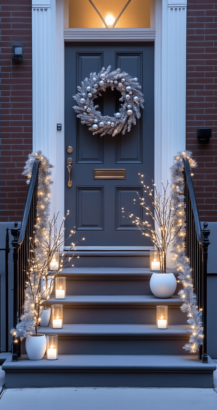 Magical Front Porch Christmas Decor: Transform Your Entryway into a Festive Wonderland Intimate city apartment entrance at dusk with a three-step stoop adorned with silver-frosted garland and cool white LEDs on a wrought iron railing, a modern slate grey door featuring an asymmetrical eucalyptus wreath, mercury glass hurricanes with LED pillars casting light, and white ceramic planters with illuminated branches, all captured in an urban contemporary palette.