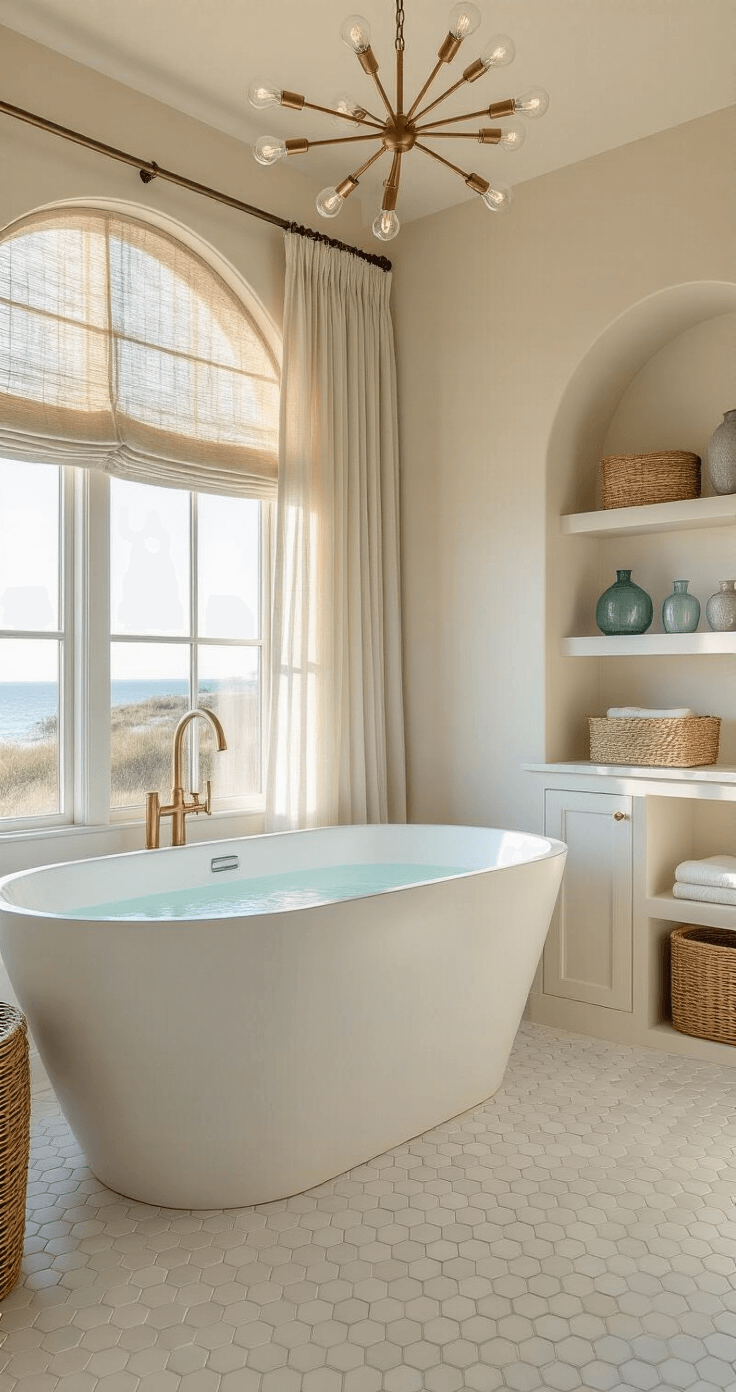Creating Your Perfect Coastal Modern Bathroom: A Comprehensive Design Guide An intimate coastal bathroom featuring a curved matte white freestanding tub, marble hexagon floor tiles, and an arched window with sheer linen curtains filtering warm golden hour light, accented by a brass sputnik chandelier and natural fiber roman shade, with coastal artifacts displayed on built-in shelving and woven water hyacinth baskets for storage.