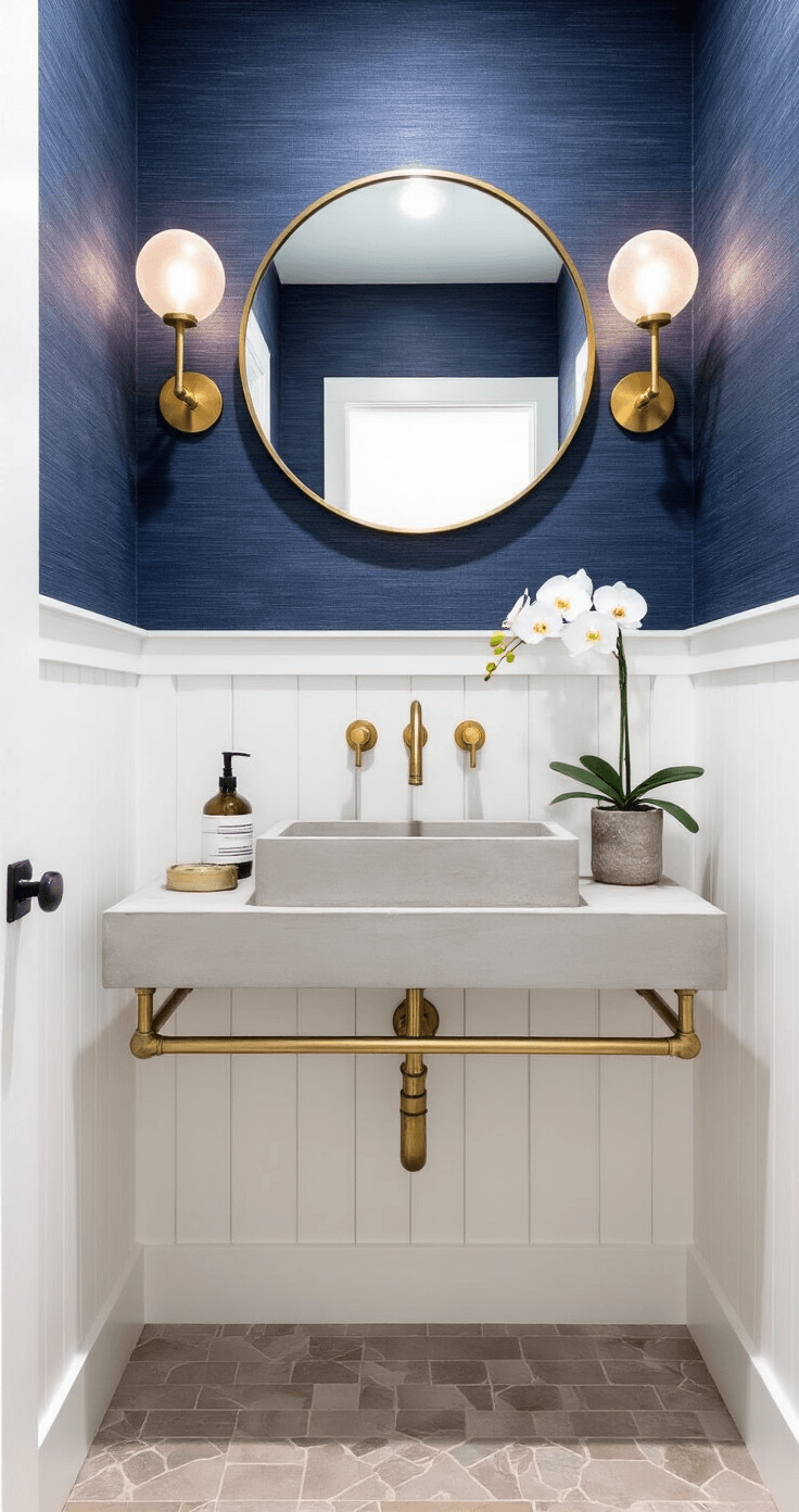 Creating Your Perfect Coastal Modern Bathroom: A Comprehensive Design Guide Compact coastal powder room featuring board and batten walls in crisp white and navy grasscloth wallpaper, with a wall-mounted brass faucet over a floating concrete sink, a circular brass mirror, modern glass globe sconces, and minimal brass accessories with a single white orchid.