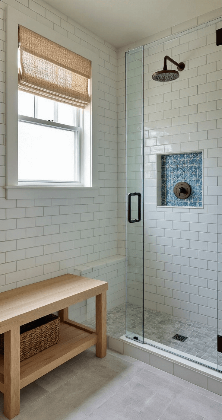 Creating Your Perfect Coastal Modern Bathroom: A Comprehensive Design Guide Airy coastal bathroom featuring floor-to-ceiling white subway tile, champagne bronze rainfall shower system, and a frameless glass enclosure, with handmade ceramic tiles in blue in the niche, a white oak floating bench, and natural fiber window covering.