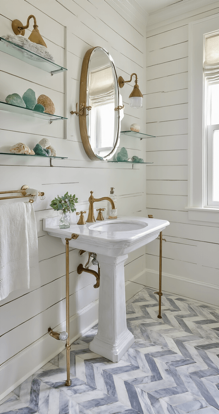 Creating Your Perfect Coastal Modern Bathroom: A Comprehensive Design Guide A sophisticated coastal bathroom featuring a herringbone marble floor in white and pale gray, illuminated by early morning light. The white shiplap walls rise to a 10ft ceiling, showcasing a vintage pedestal sink with an oval pivot mirror in brushed brass. Wall-mounted glass shelves display sea glass and shells, while a linen café curtain filters light for privacy. The camera captures the interplay of the floor pattern and wall texture.