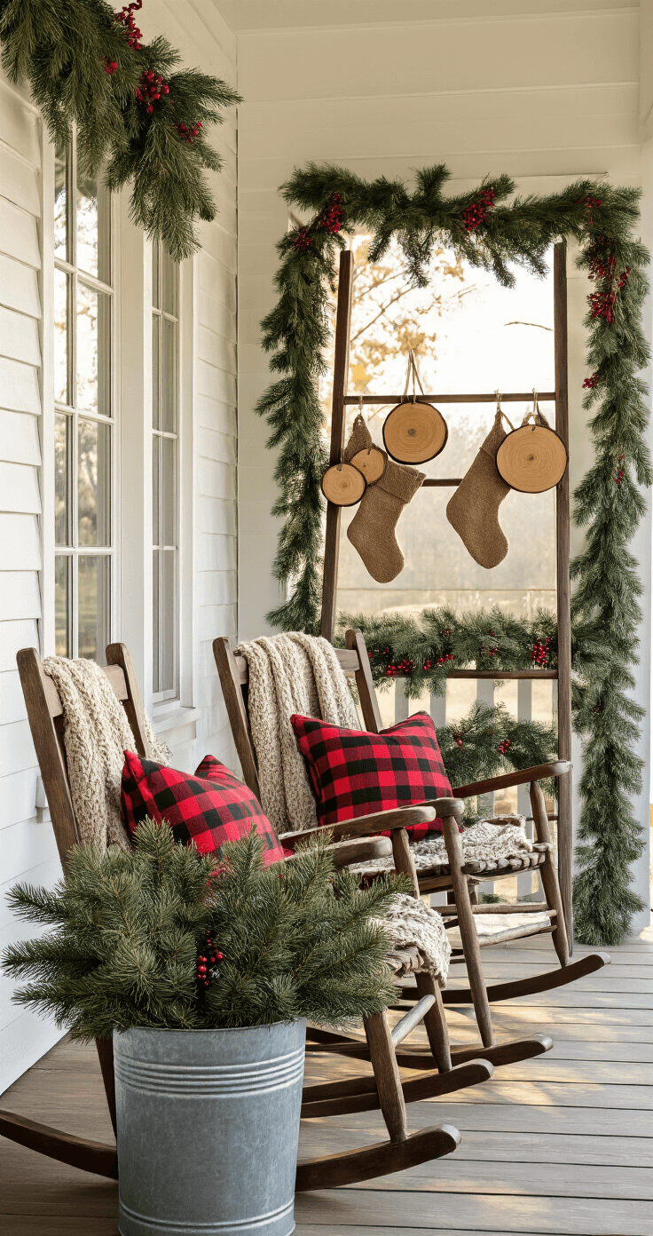 Magical Front Porch Christmas Decor: Transform Your Entryway into a Festive Wonderland A cozy farmhouse corner vignette featuring a vintage rocking chair with buffalo check pillows and a chunky knit throw, a galvanized bucket overflowing with evergreen branches, a rustic ladder displaying wood slice ornaments and burlap stockings, and a mixed pine garland with red berries, all illuminated by soft morning light.