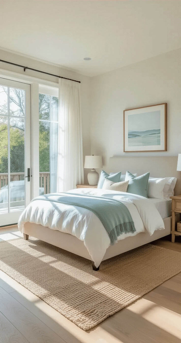 Crafting Your Dream Coastal Master Bedroom: A Serene Seaside Sanctuary A bright and spacious master bedroom featuring a low-profile upholstered bed with oatmeal linen, layered in white and seafoam blue bedding, complemented by weathered oak flooring and a natural jute rug. Rattan nightstands with ceramic lamps adorn the sides, while sheer white curtains softly billow in the morning light. The walls are painted in a soft 'White Sand' hue, creating an airy atmosphere.