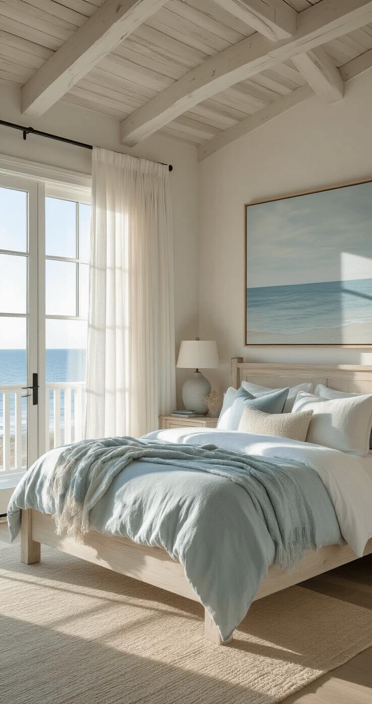 Crafting Your Dream Coastal Master Bedroom: A Serene Seaside Sanctuary A coastal bedroom bathed in golden hour light, featuring a king bed with layered azure and cream bedding, white linen drapes, oversized seascape artwork, and whitewashed wooden beams, all creating a dreamy, elegant atmosphere.