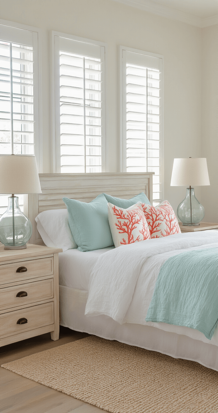 Crafting Your Dream Coastal Master Bedroom: A Serene Seaside Sanctuary Bright and airy bedroom featuring a queen bed with whitewashed wooden frame, layered white, pale aqua, and sand linens, accented by coral motif pillows. Natural light streams through plantation shutters, illuminating a pair of glass table lamps on bleached wood nightstands, viewed from the doorway.