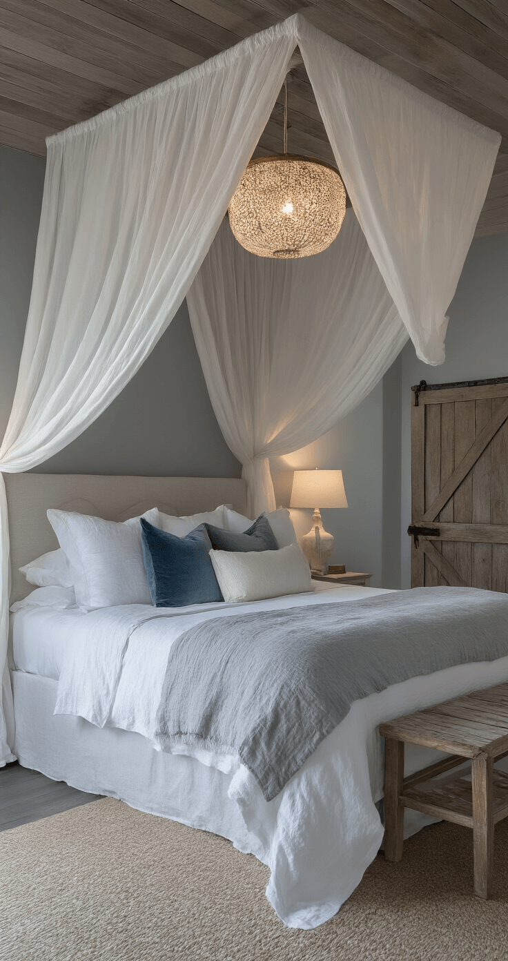 Crafting Your Dream Coastal Master Bedroom: A Serene Seaside Sanctuary Moody evening interior of a 14x16ft coastal retreat featuring a canopy bed with white drapes, layered bedding in white, grey, and blue, a Capiz shell chandelier, and a weathered barn door, captured from a low angle with ambient lighting highlighting cool grey walls and a sophisticated coastal palette.