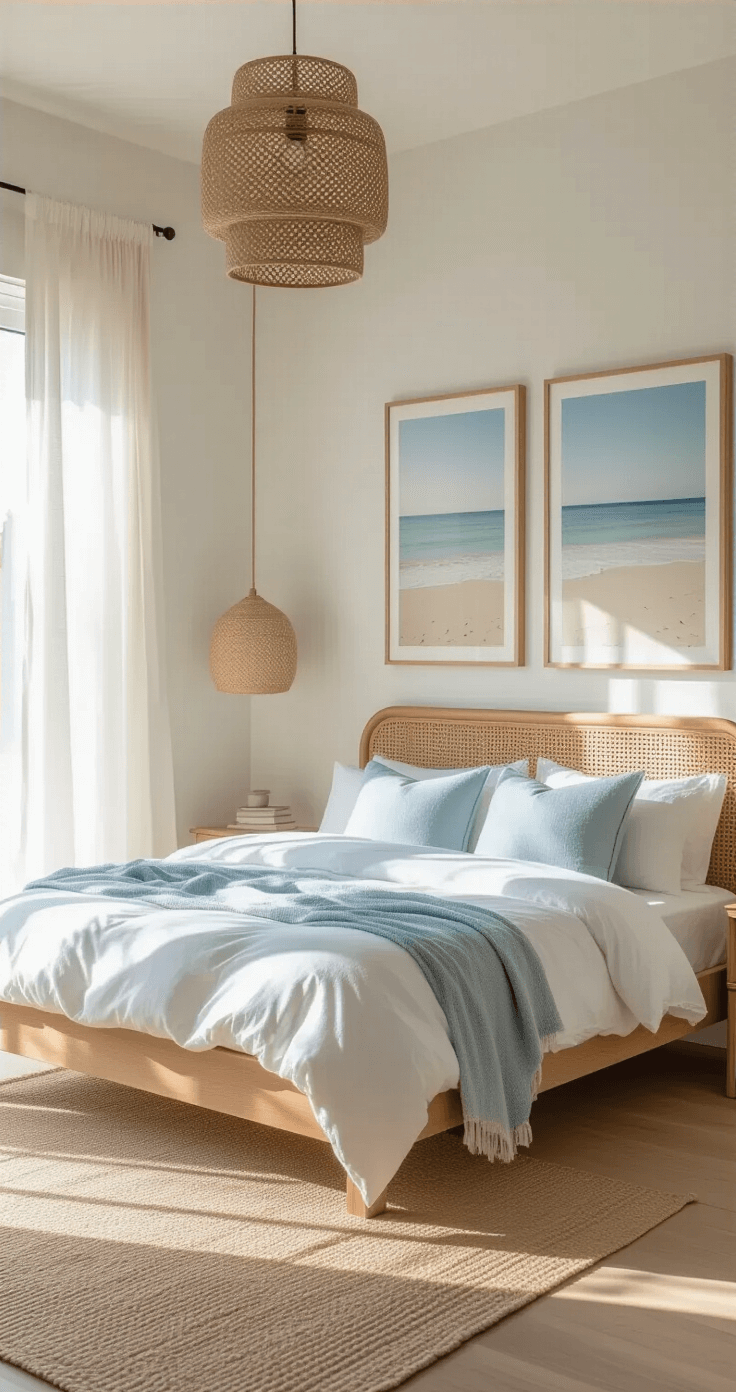 Crafting Your Dream Coastal Master Bedroom: A Serene Seaside Sanctuary A serene 13x15ft bedroom bathed in morning light, featuring a natural oak platform bed with a woven cane headboard, white linen and cotton bedding in pale blue and sand tones, and an abstract beach photography series on the wall. A handwoven pendant light creates shadows, complemented by pure white walls and pale wood accents, reflecting a minimalist coastal aesthetic.