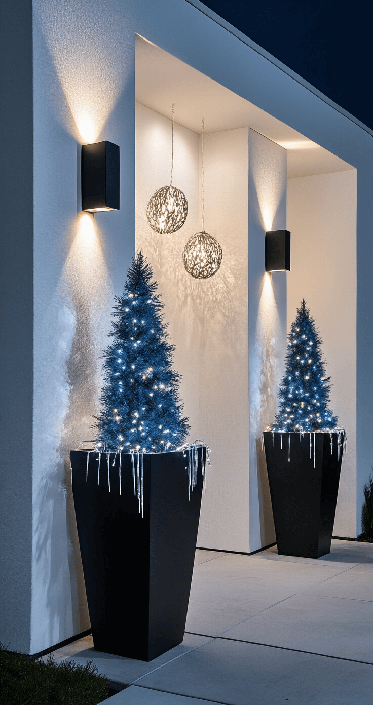 Magical Front Porch Christmas Decor: Transform Your Entryway into a Festive Wonderland A modern entryway illuminated at night, featuring geometric LED sconces casting shadows on white stucco walls, oversized black metal planters with blue spruce topiaries wrapped in white string lights, and a sleek garland of metallic orbs and acrylic icicles above the doorway, all showcasing a contemporary color palette of bright white, matte black, silver, and ice blue.