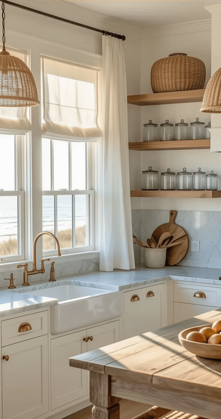 Coastal Kitchen Cabinets: Transform Your Space into a Seaside Sanctuary A sunlit coastal kitchen featuring white shaker cabinets, brass hardware, blue-grey marble countertops, and natural oak shelves, with sheer curtains filtering warm light and rattan pendant lights over a weathered oak island, creating an airy atmosphere.