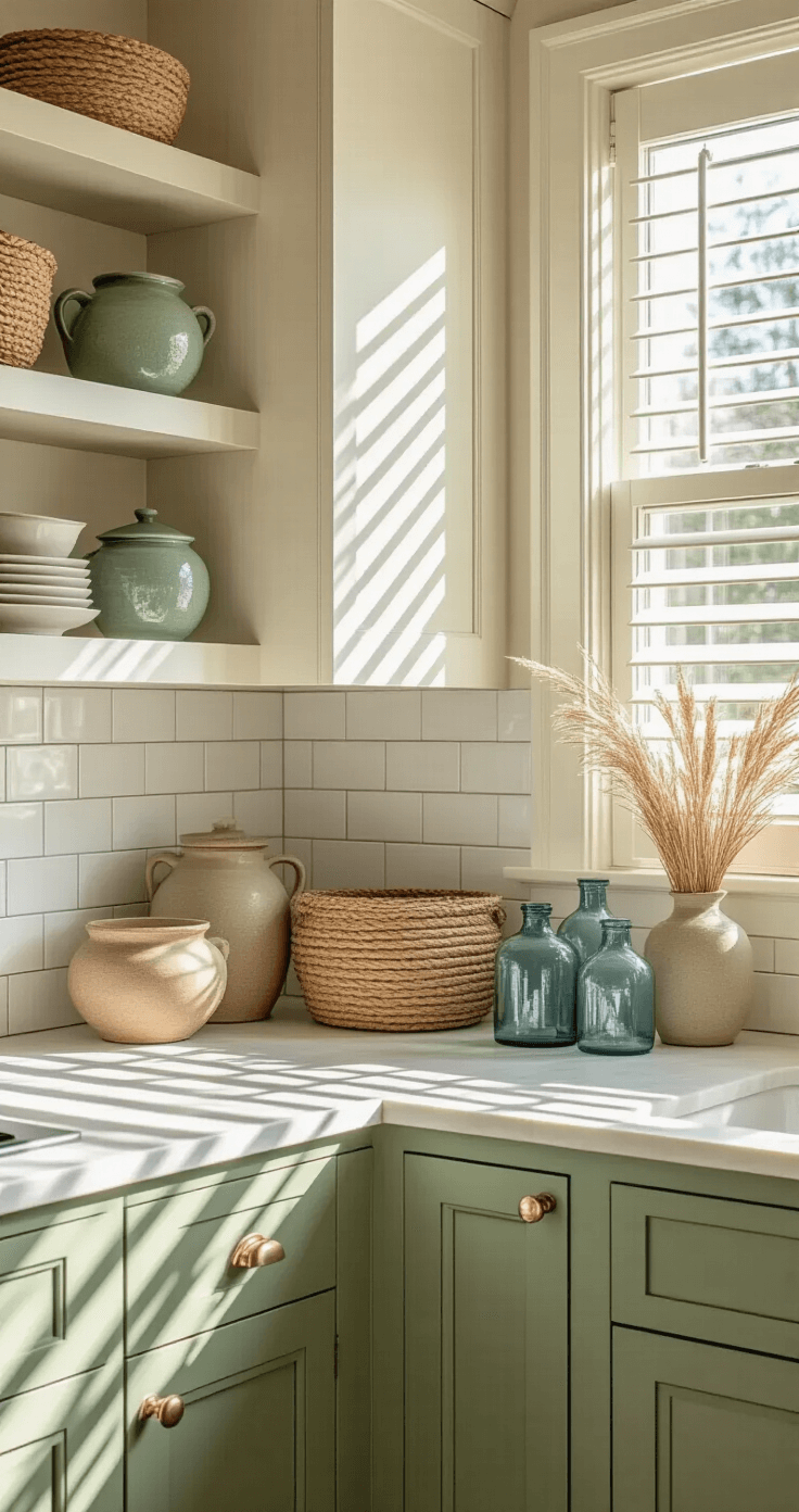 Coastal Kitchen Cabinets: Transform Your Space into a Seaside Sanctuary Close-up of a cozy kitchen corner with sage green lower cabinets and sandy white upper cabinets. Sunlight filters through plantation shutters, casting shadows on a white subway tile backsplash. Open shelves showcase weathered ceramics, sea grass baskets, and vintage blue glass bottles, all captured with a shallow depth of field.