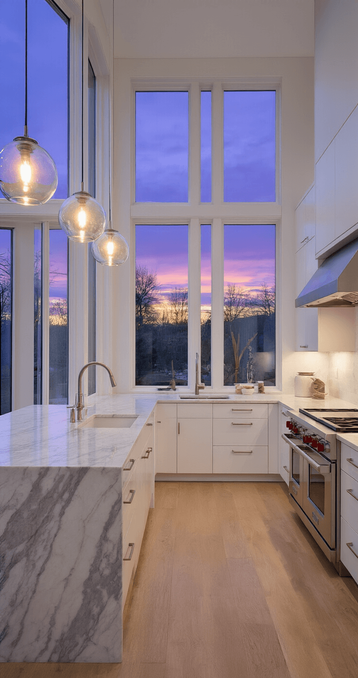 Coastal Kitchen Cabinets: Transform Your Space into a Seaside Sanctuary A dramatic dusk kitchen scene featuring a 20ft galley layout with soaring 10ft ceilings, white flat-panel cabinets, and a wall of windows reflecting purple-blue twilight. Suspended glass pendant lights illuminate a massive marble waterfall island, while bleached oak floors enhance the ambiance. The image is captured from an elevated position, highlighting the sunset's reflection in stainless appliances.
