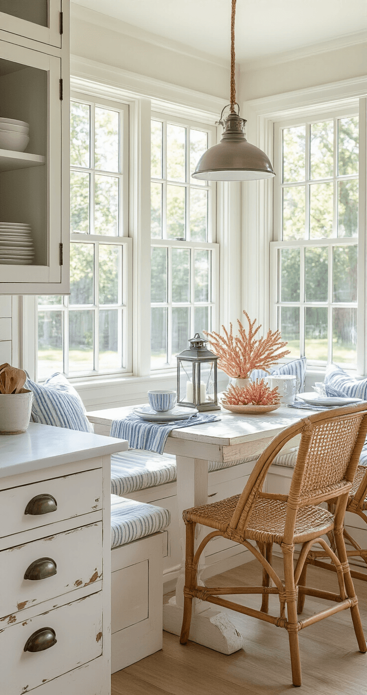 Coastal Kitchen Cabinets: Transform Your Space into a Seaside Sanctuary Bright midday light illuminates a corner breakfast nook with distressed white cabinets and woven rattan chairs, showcasing a whitewashed wooden table styled with blue striped linens, coral specimens, and vintage hurricane lanterns, captured from a low angle to emphasize vertical lines.