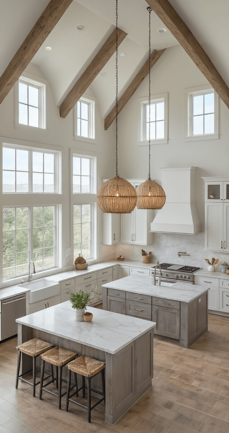 Coastal Kitchen Cabinets: Transform Your Space into a Seaside Sanctuary Aerial view of a bright, open-concept kitchen featuring white U-shaped cabinets with marble counters, a central driftwood grey island, and a woven pendant light cluster. Clerestory windows let in morning light, highlighting the cathedral ceiling with exposed beams and emphasizing the coastal design elements.