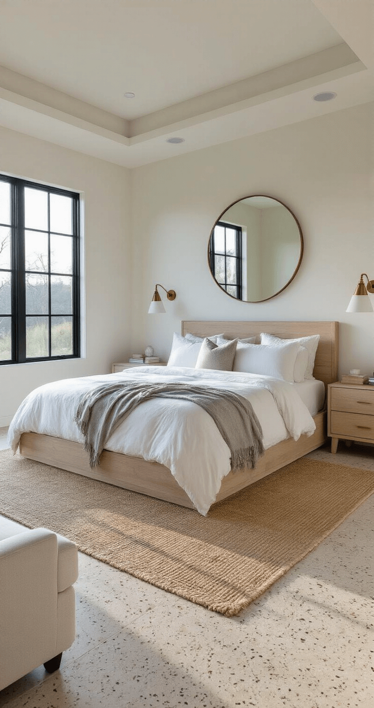 Modern Florida Home: Your Ultimate Guide to Coastal Contemporary Living A serene master bedroom at dawn featuring a king-size platform bed with white linens, pale gray throws, and an oversized round mirror, illuminated by morning light through hurricane-impact windows. The room has a jute rug over terrazzo flooring and contemporary brass sconces, capturing a minimalist atmosphere.