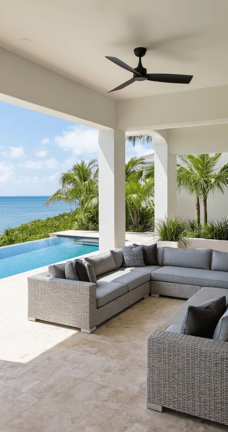 Modern Florida Home: Your Ultimate Guide to Coastal Contemporary Living A stylish covered waterfront lanai featuring a gray sectional sofa and infinity pool view, framed by potted palms and white stucco columns, with textured coral stone flooring and a modern matte black fan above, capturing an airy indoor-outdoor ambiance in natural light.