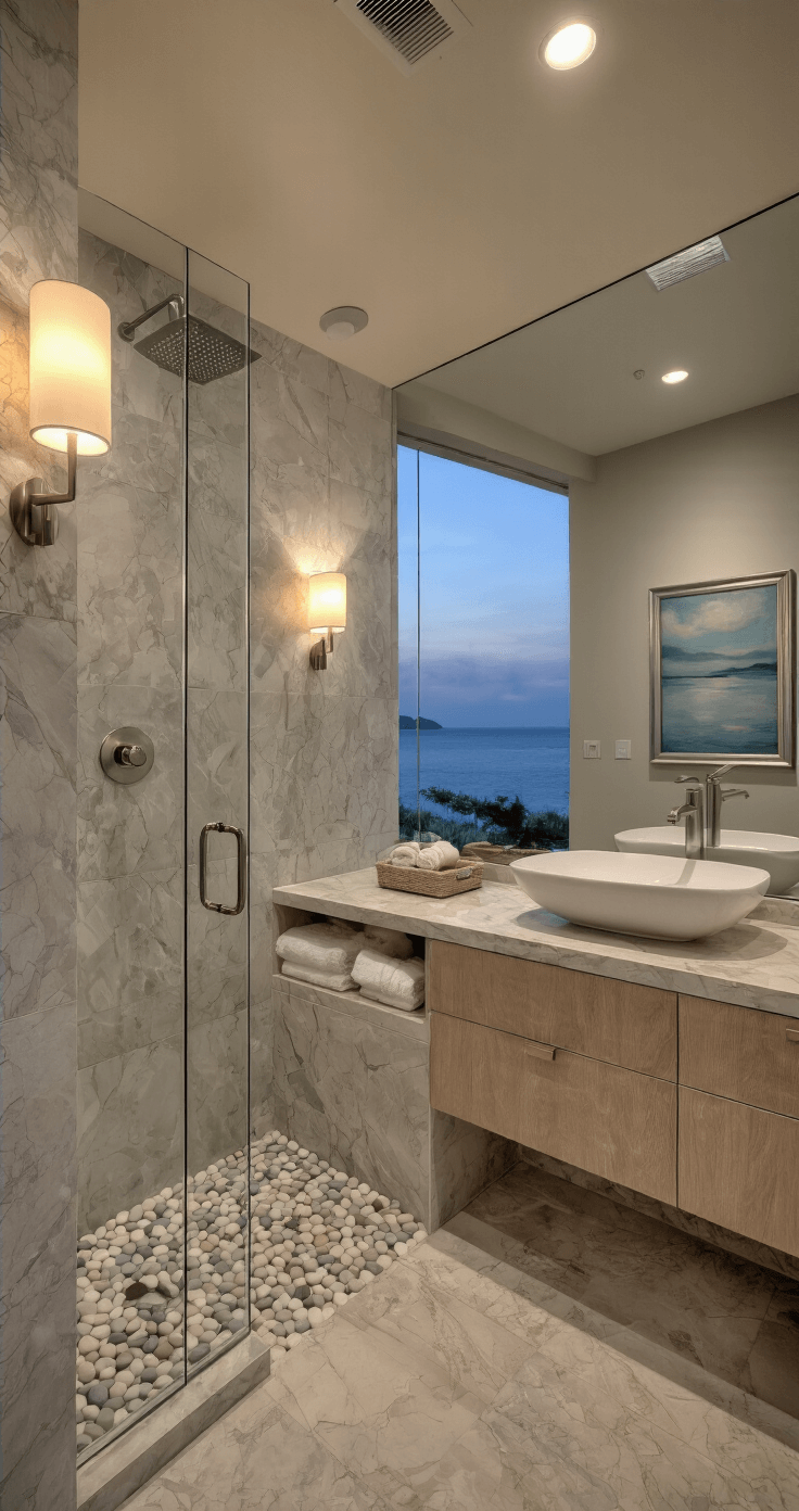 Modern Florida Home: Your Ultimate Guide to Coastal Contemporary Living Luxurious guest bathroom featuring oversized marble tiles, a floating bleached oak vanity with a vessel sink, a frameless glass shower with a rain head, and pebble floor details, all illuminated by soft modern sconce lighting and complemented by coastal artwork in a silver frame.