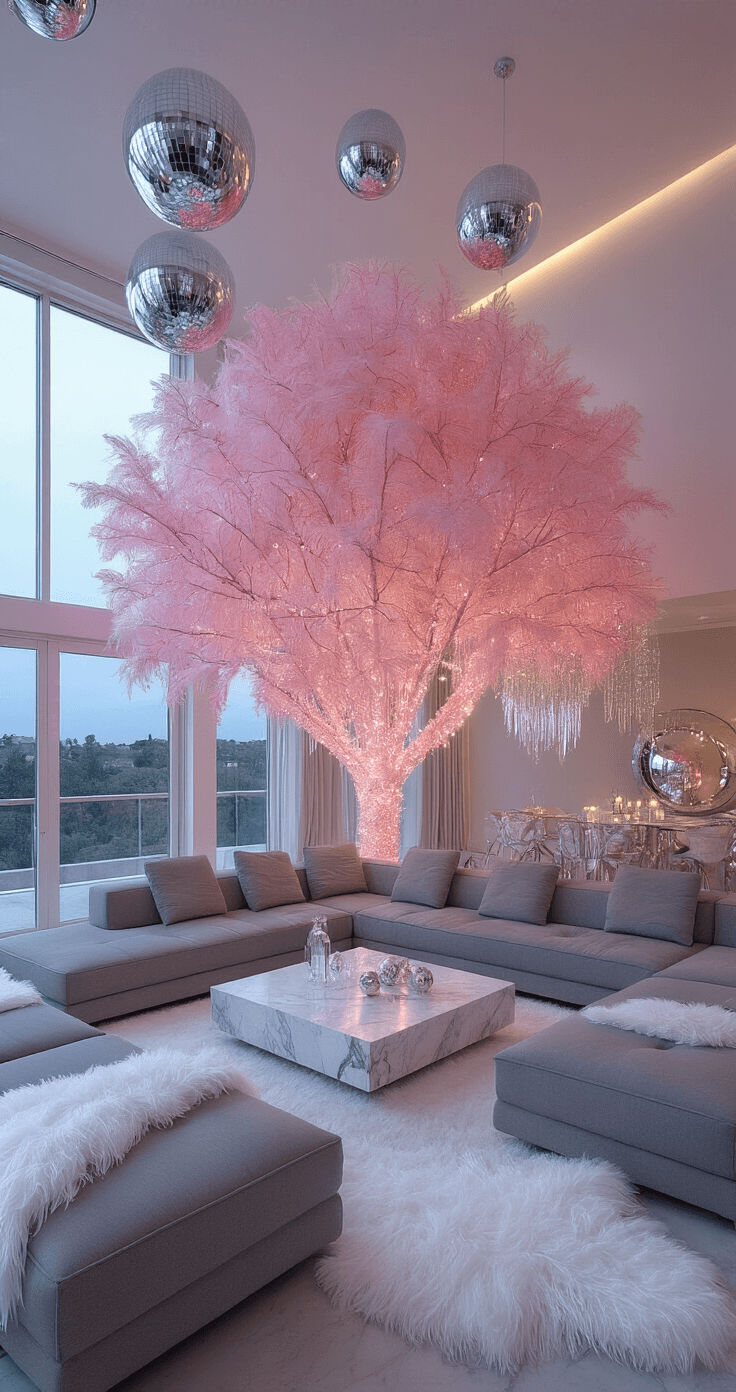 Pink Christmas Tree: A Whimsical Holiday Decor Revolution A contemporary open-concept living area features an 8ft bubblegum pink flocked tree at dusk, illuminated by uplighting. The space is adorned with oversized mirror balls, white feather boas, and crystal icicles, alongside a modern gray sectional, marble coffee table, and metallic accents, all captured from a slightly elevated angle.
