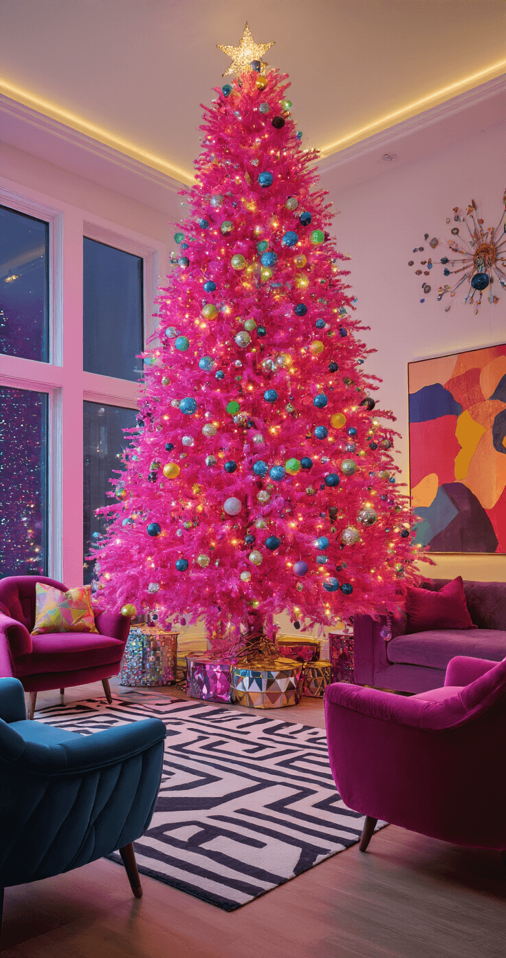 Pink Christmas Tree: A Whimsical Holiday Decor Revolution A vibrant, maximalist family room featuring a towering 7ft hot pink artificial tree adorned with colorful baubles and rainbow lights, surrounded by eclectic velvet furniture, geometric rugs, and bold artwork, captured from a low angle to highlight the dramatic evening ambiance and festive atmosphere.