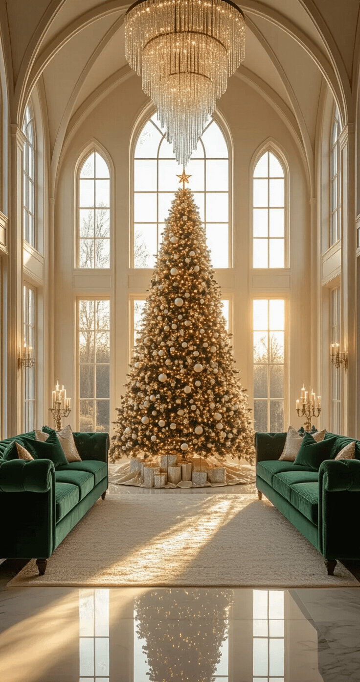 Luxury Christmas Decor 2025: Transform Your Home into a Glamorous Holiday Wonderland A grand living room with cathedral ceilings, featuring a 12-foot frosted champagne-gold Christmas tree adorned with crystal and pearl ornaments, surrounded by emerald green sofas and mercury glass candle holders, all illuminated by warm LED lights and the golden hour sun.