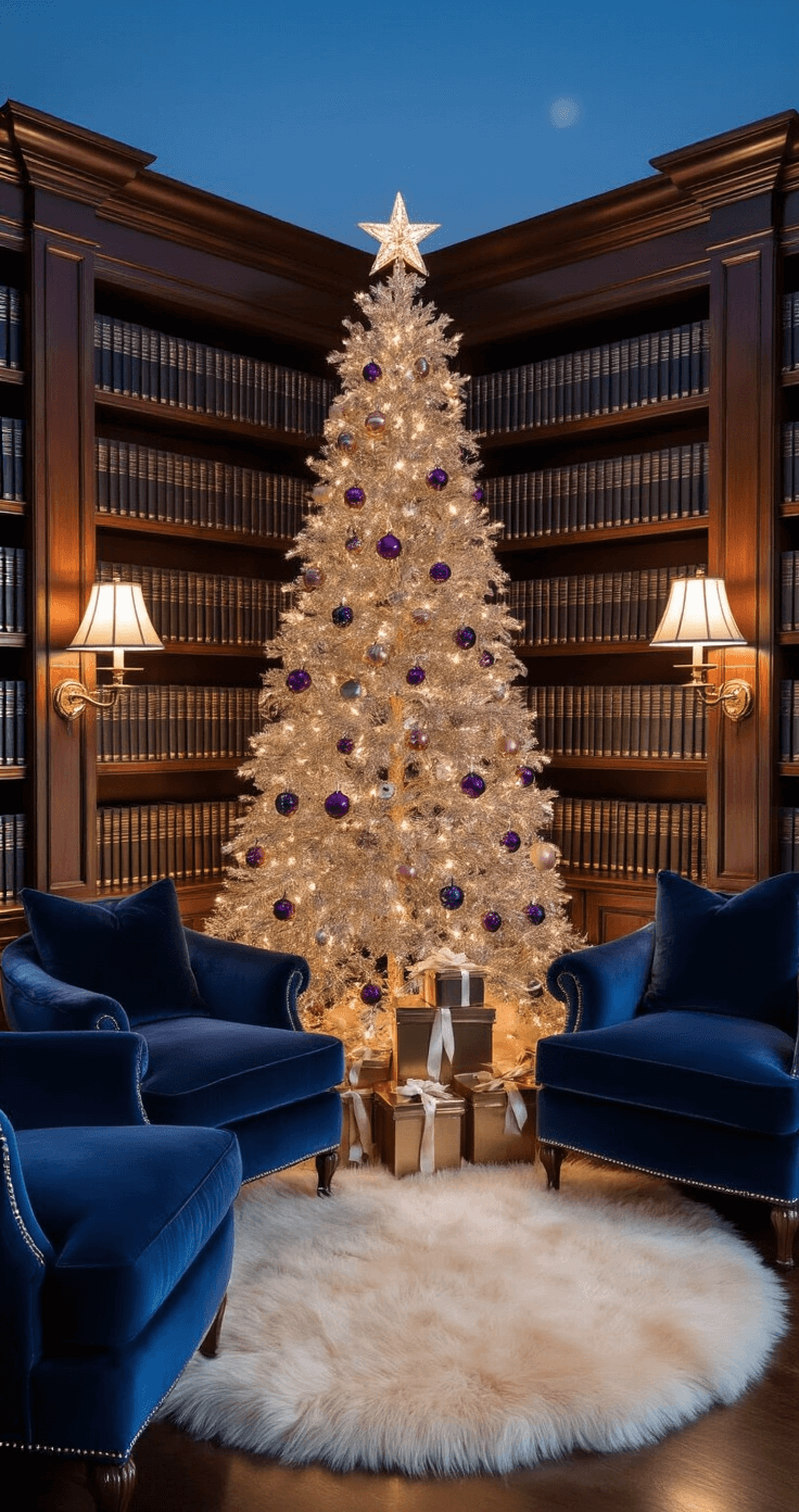 Luxury Christmas Decor 2025: Transform Your Home into a Glamorous Holiday Wonderland An intimate library corner at dusk with a slim platinum tree adorned in rose gold and amethyst ornaments, surrounded by mahogany bookshelves, deep sapphire velvet armchairs, and warm vintage brass lamps, all set on a plush cream fur tree skirt.
