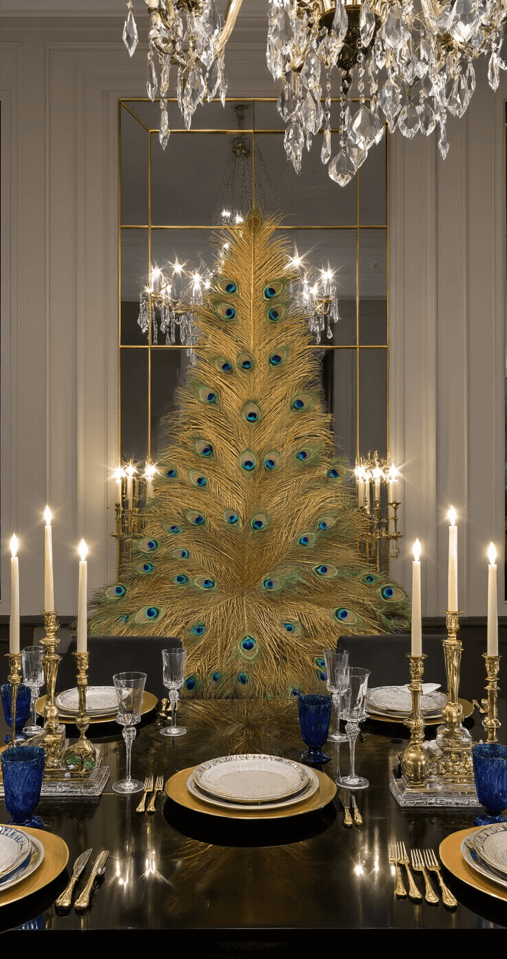 Luxury Christmas Decor 2025: Transform Your Home into a Glamorous Holiday Wonderland Art deco-inspired formal dining room at night with an 8-foot slim gold tree adorned with peacock feathers and emerald and sapphire ornaments, set against antiqued mirror panels. A crystal chandelier casts prismatic light over a black lacquer dining table featuring gold chargers and cobalt glasses, complemented by vintage brass candlesticks. The image is shot from table height to highlight the sparkle of the chandelier and reflections, emphasizing the luxurious materials used in the decor.