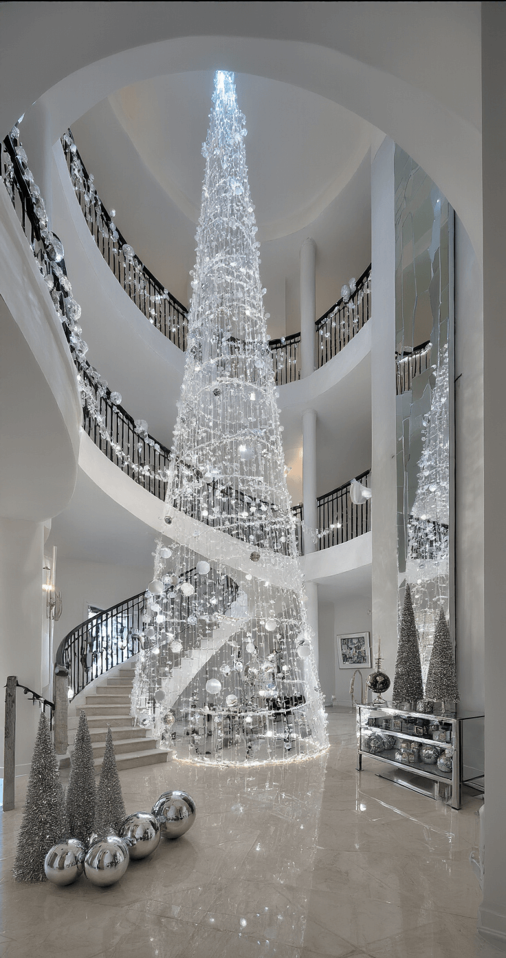 Luxury Christmas Decor 2025: Transform Your Home into a Glamorous Holiday Wonderland A contemporary foyer with a floating spiral staircase adorned with LED string lights and crystal garlands, featuring a 14-foot slim white Christmas tree with oversized silver and mirror ball ornaments, reflected in floor-to-ceiling mirrors. Chrome and glass console tables exhibit clustered mercury glass trees, all captured from a second-story perspective with cool LED lighting enhancing the modern atmosphere.