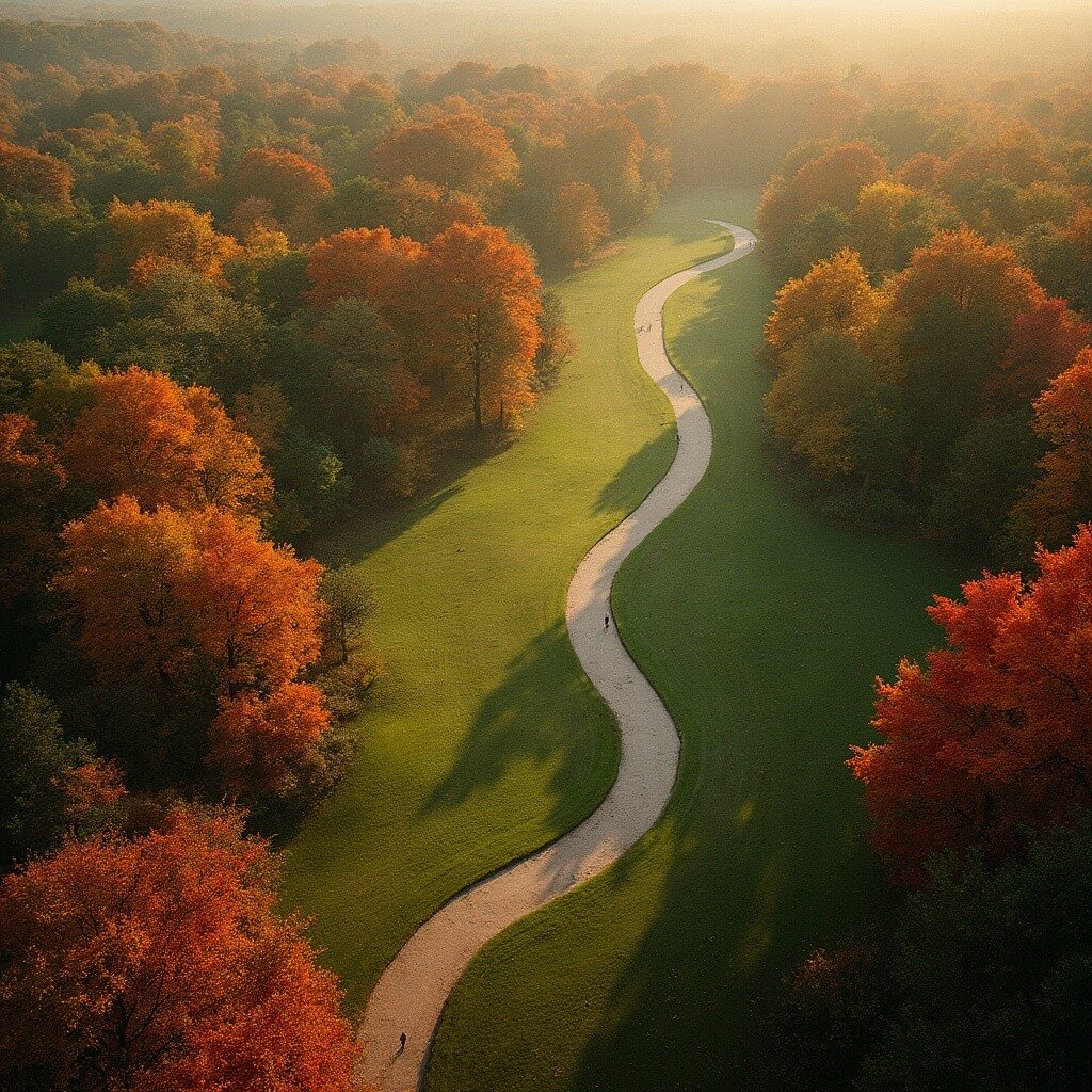 Why Tallahassee in October is Your Next Epic Adventure Aerial view of Alfred B. Maclay Gardens State Park in autumn with sunlit trees showcasing vibrant fall colors and winding green pathways