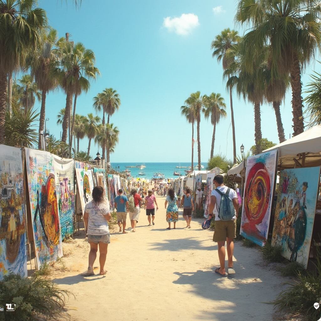 Fort Lauderdale in April: Your Ultimate Weather-Perfect Getaway Guide Artists painting on large canvases at a beachfront art festival, with colorful installations, palm trees, and the ocean in the background in bright daylight.