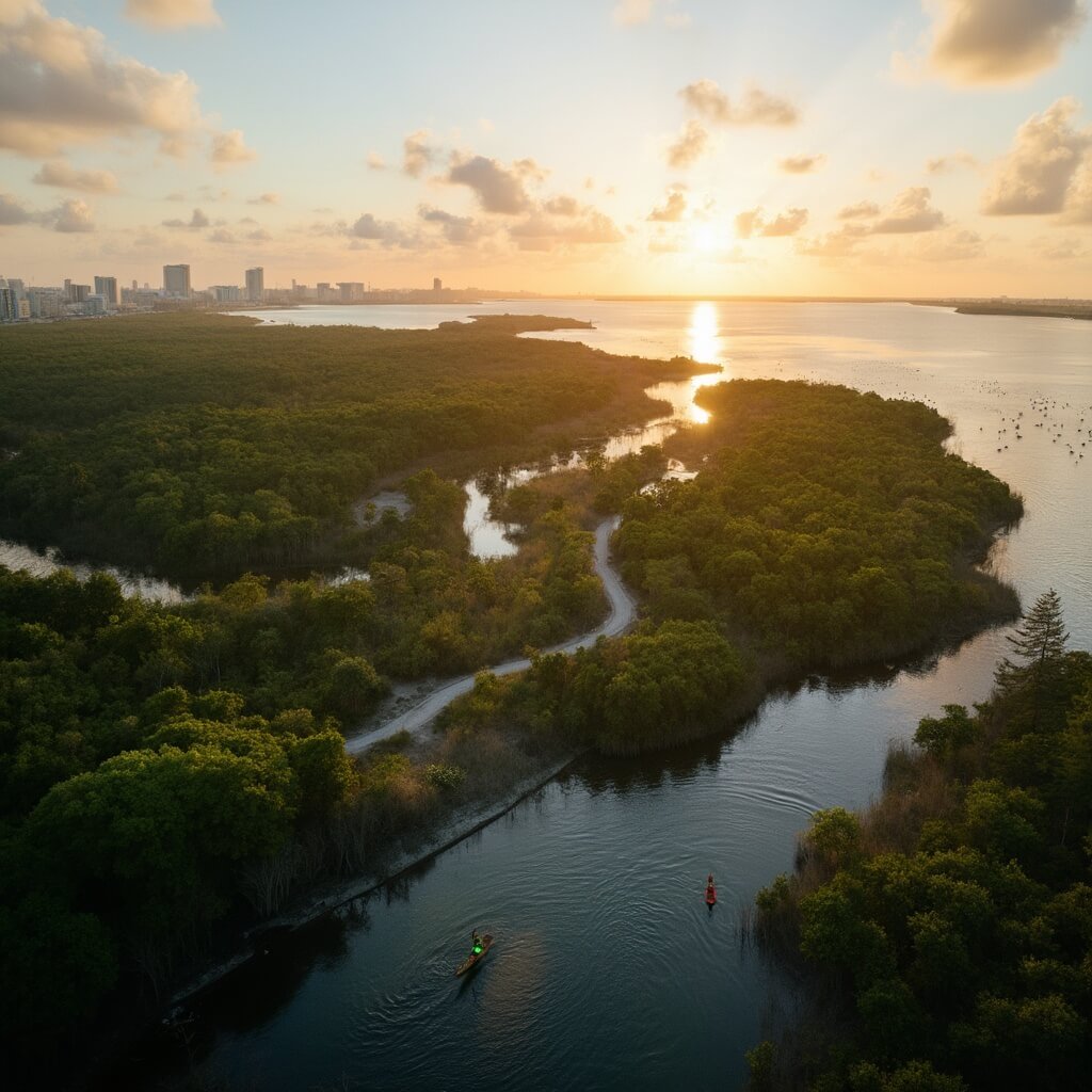 Fort Lauderdale in June: Your Ultimate Tropical Escape Guide (Without the Tourist Crowds!) Aerial sunset view of Hugh Taylor Birch State Park with mangroves, tropical hardwood hammocks, nature trail, kayakers on the lagoon, and distant Fort Lauderdale skyline.